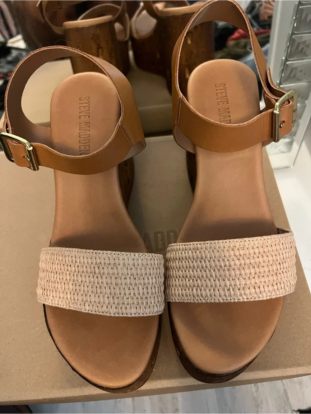 Steve Madden Tan Leather and Raffia Cork Wedge Sandal
